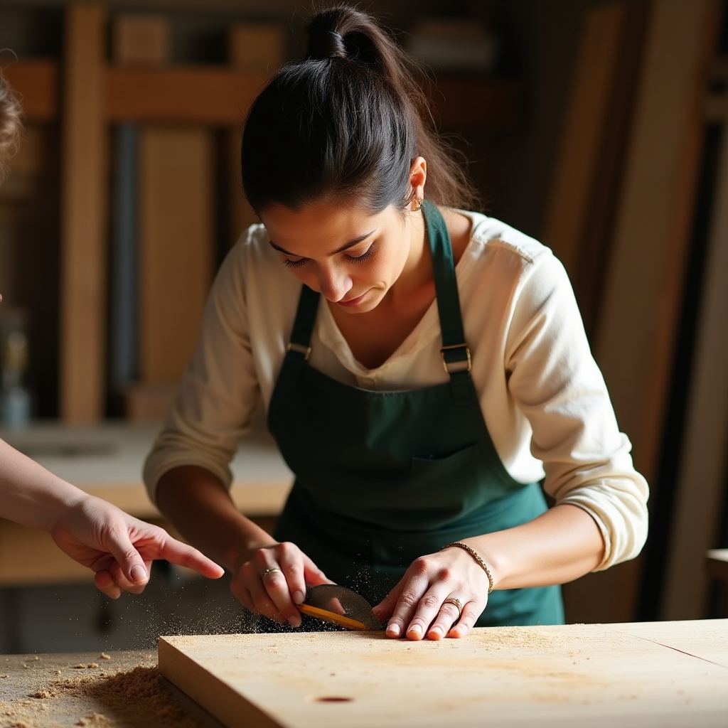 Participante aprendiendo a serrar madera en la sesión de iniciación